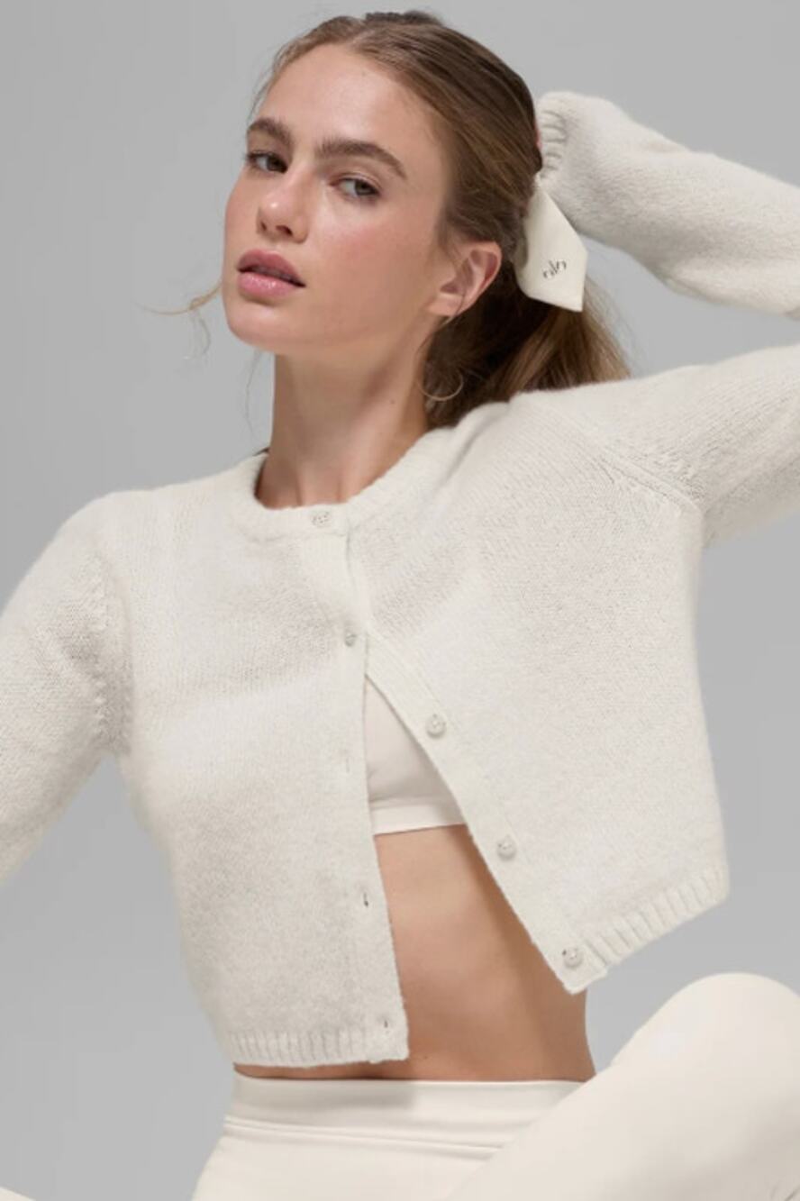 Alo Wool Cashmere New Class Cropped Cardigan in Ivory size S small
